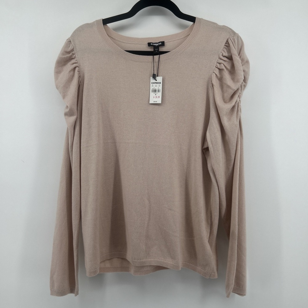 NWT Express Puff Sleeve Sweater Knit Top Blush Pink Beige Ruched Shoulder XL